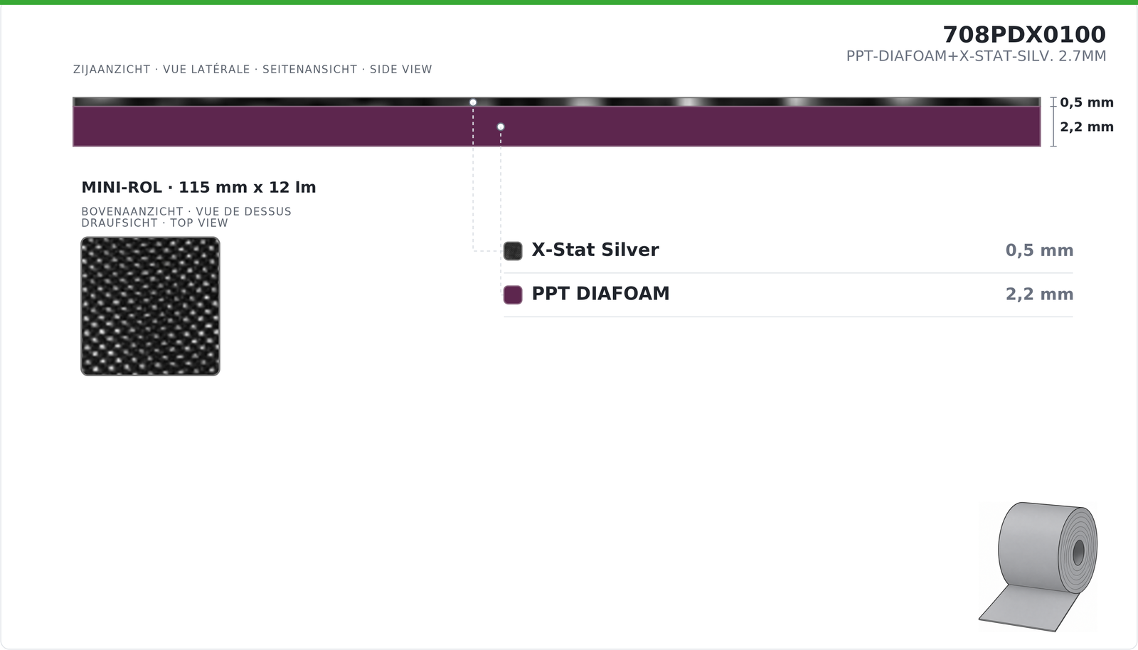 PPT-DIAFOAM+X-STAT-SILV. 2.7MM MINI-ROLL 11.5CM X 12M