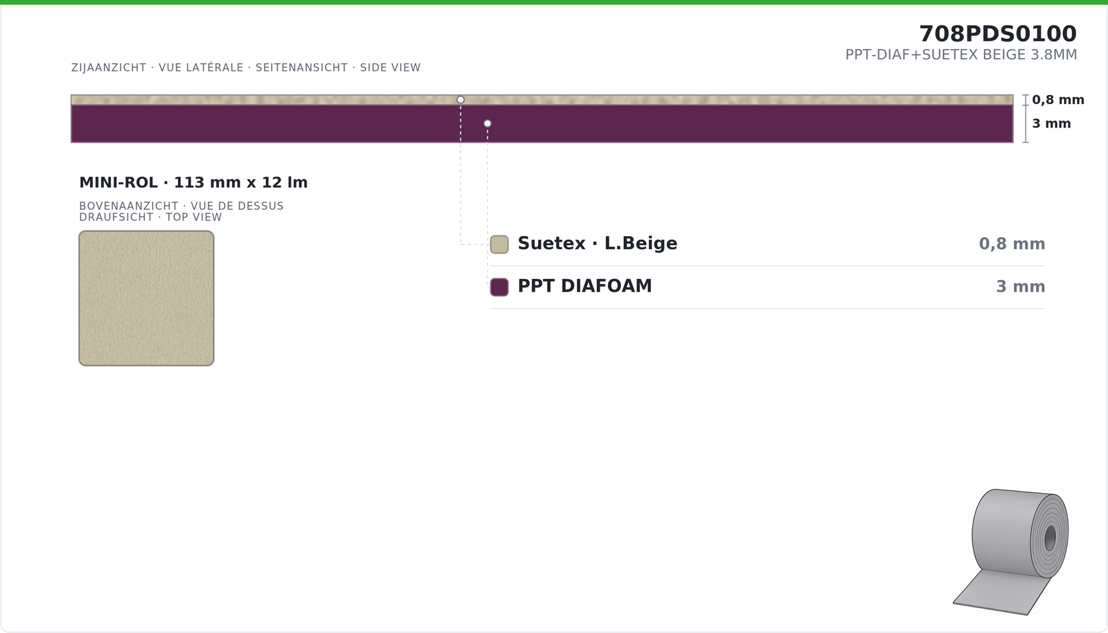 PPT-DIAF+SUETEX BEIGE 3,8MM MINI-ROLL 11.3CM X 12M