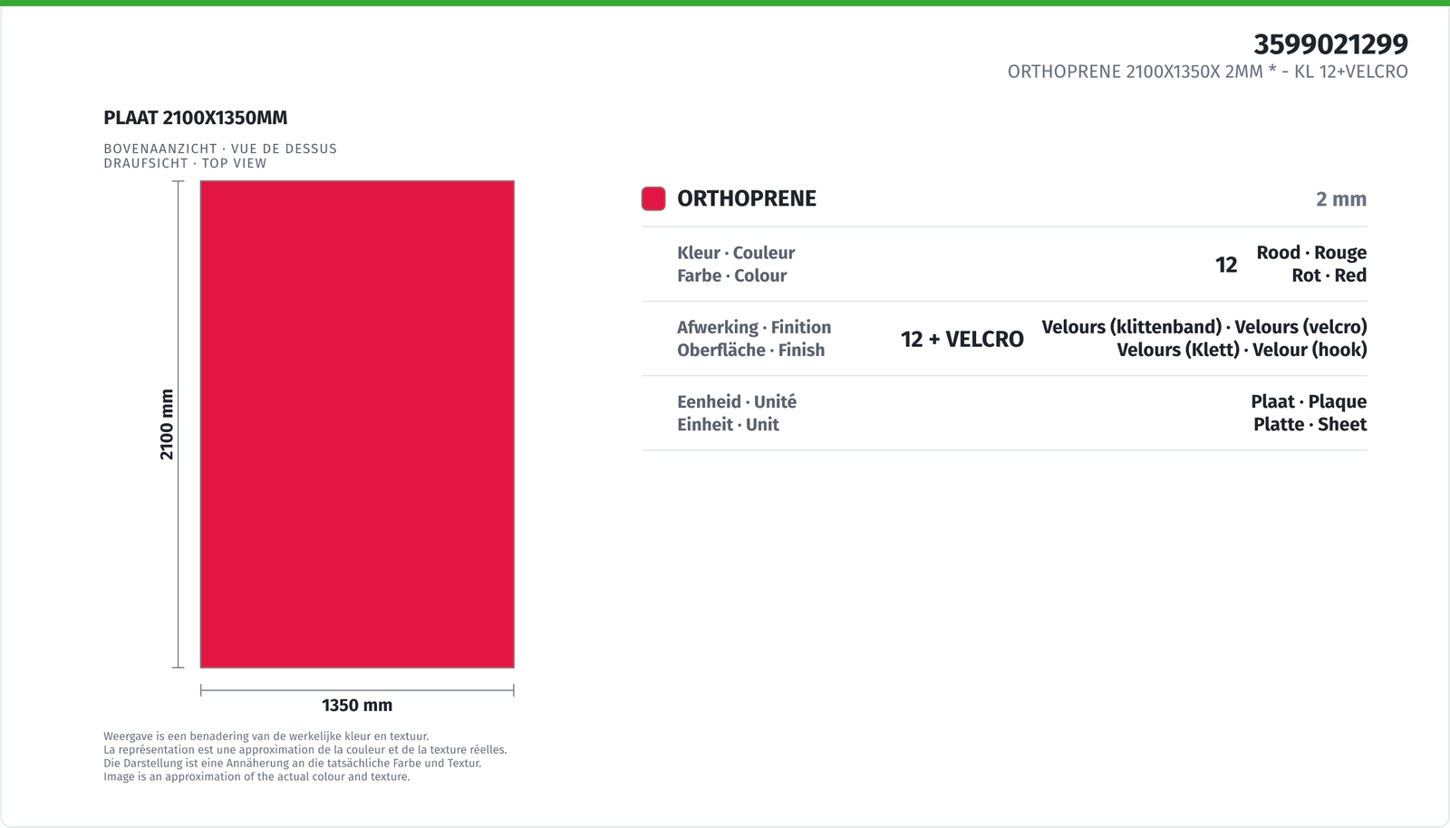 ORTHOPRENE 2100X1350X 2MM * CL 12+VELCRO
